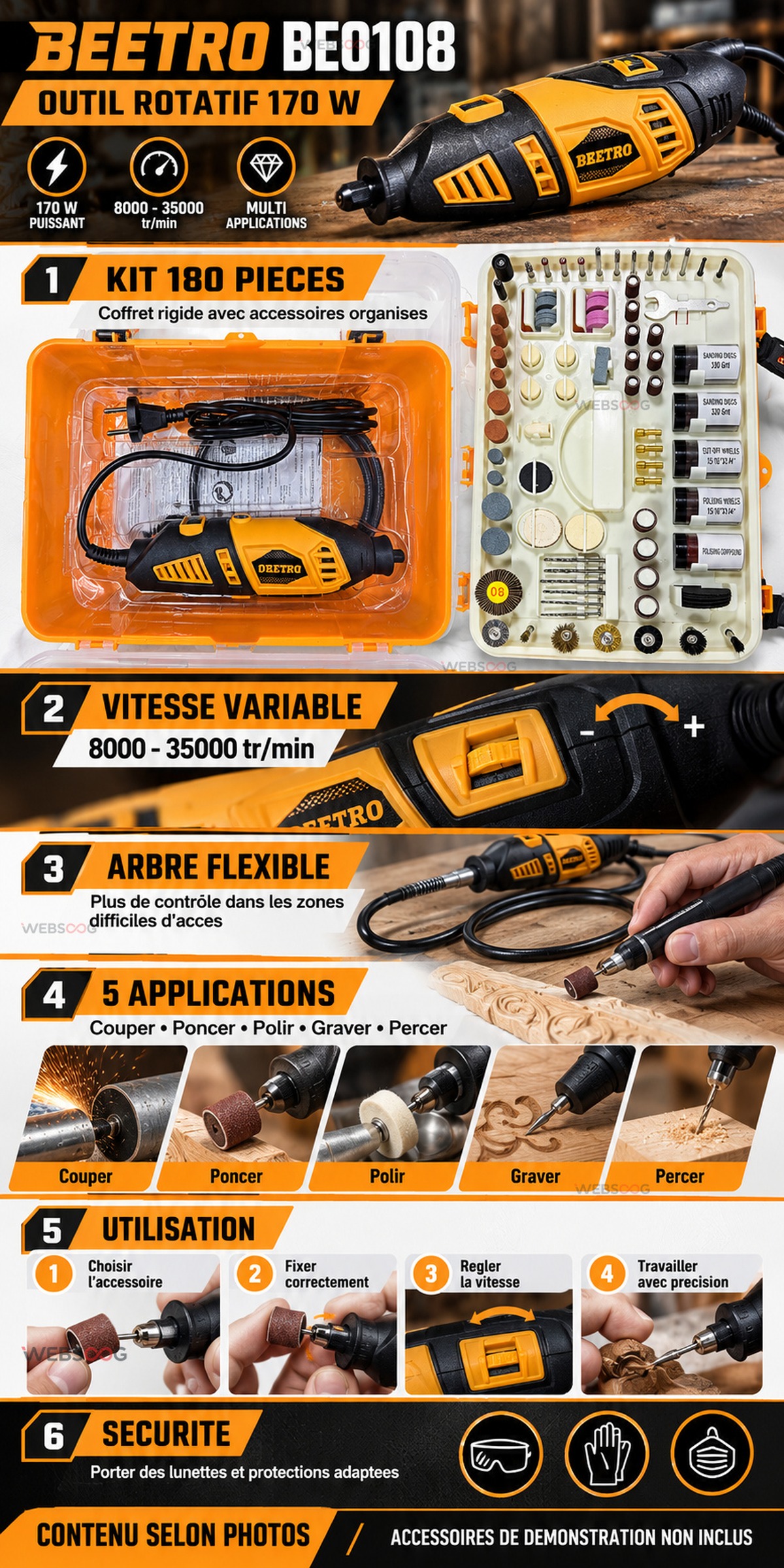 Outil Rotatif BEETRO BE0108 170W Kit 180 Pieces