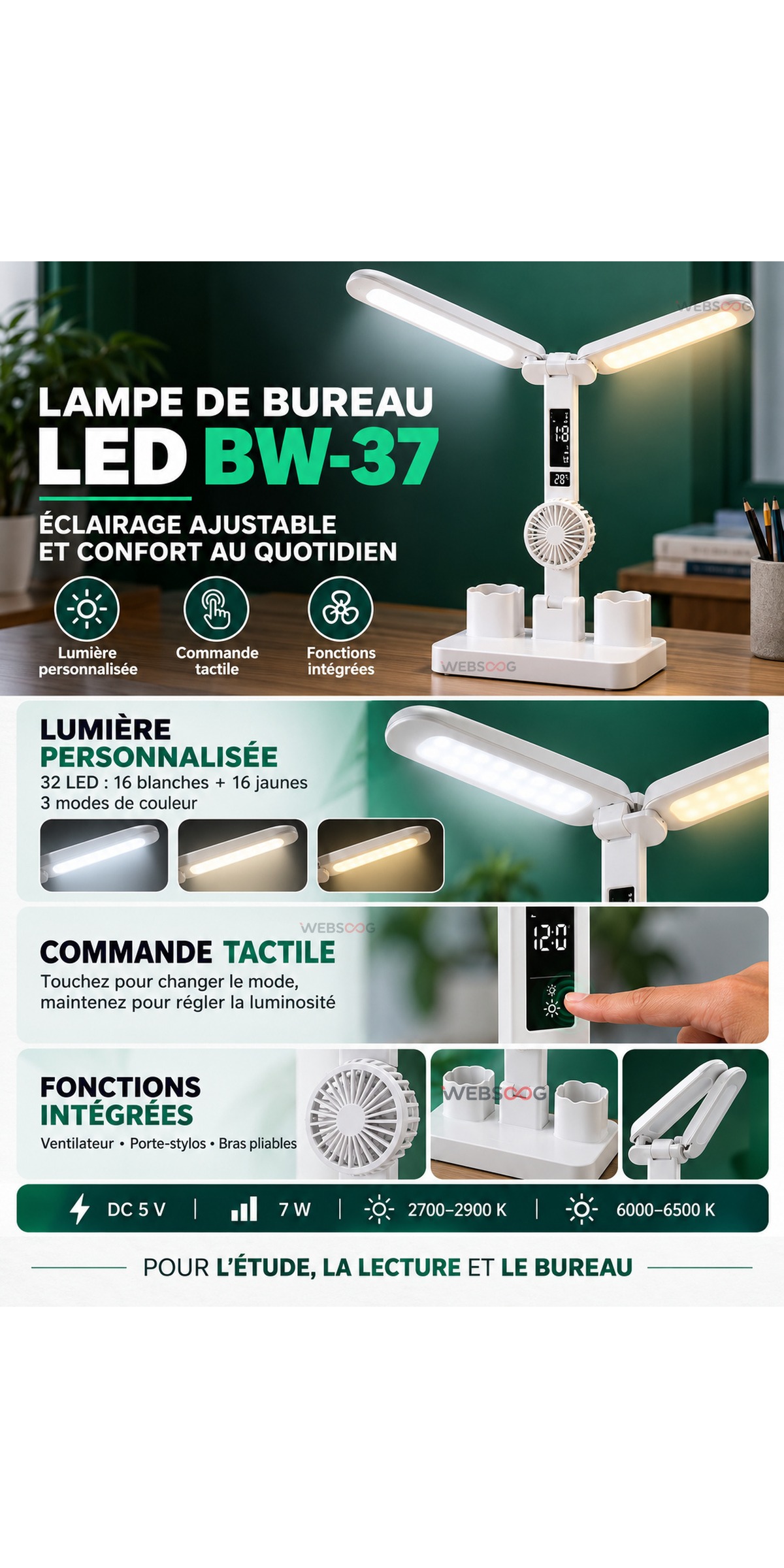 Lampe de Bureau LED BW 37 7W Avec Ventilateur