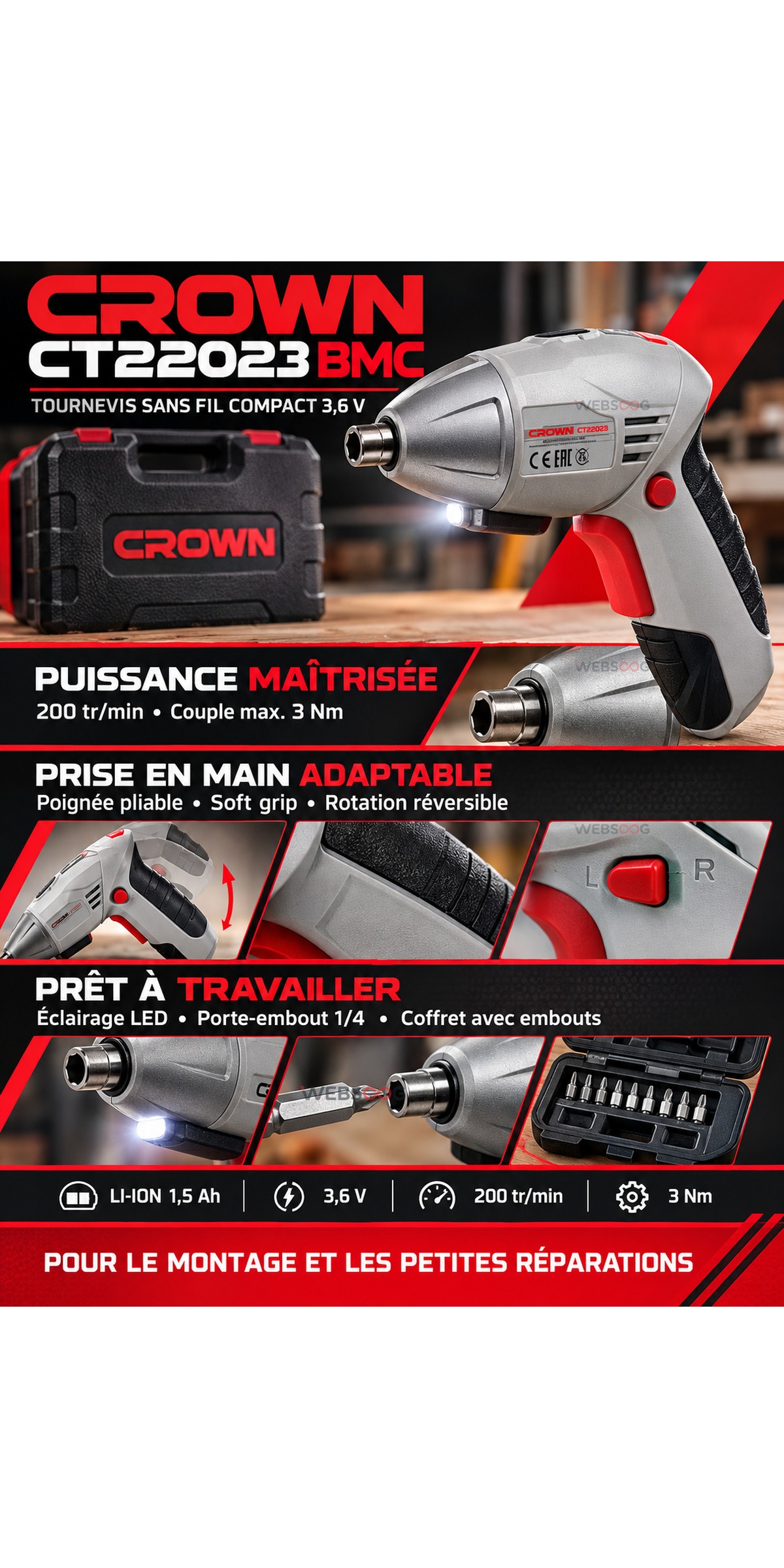 Tournevis Sans Fil CROWN CT22023 BMC 3 6V