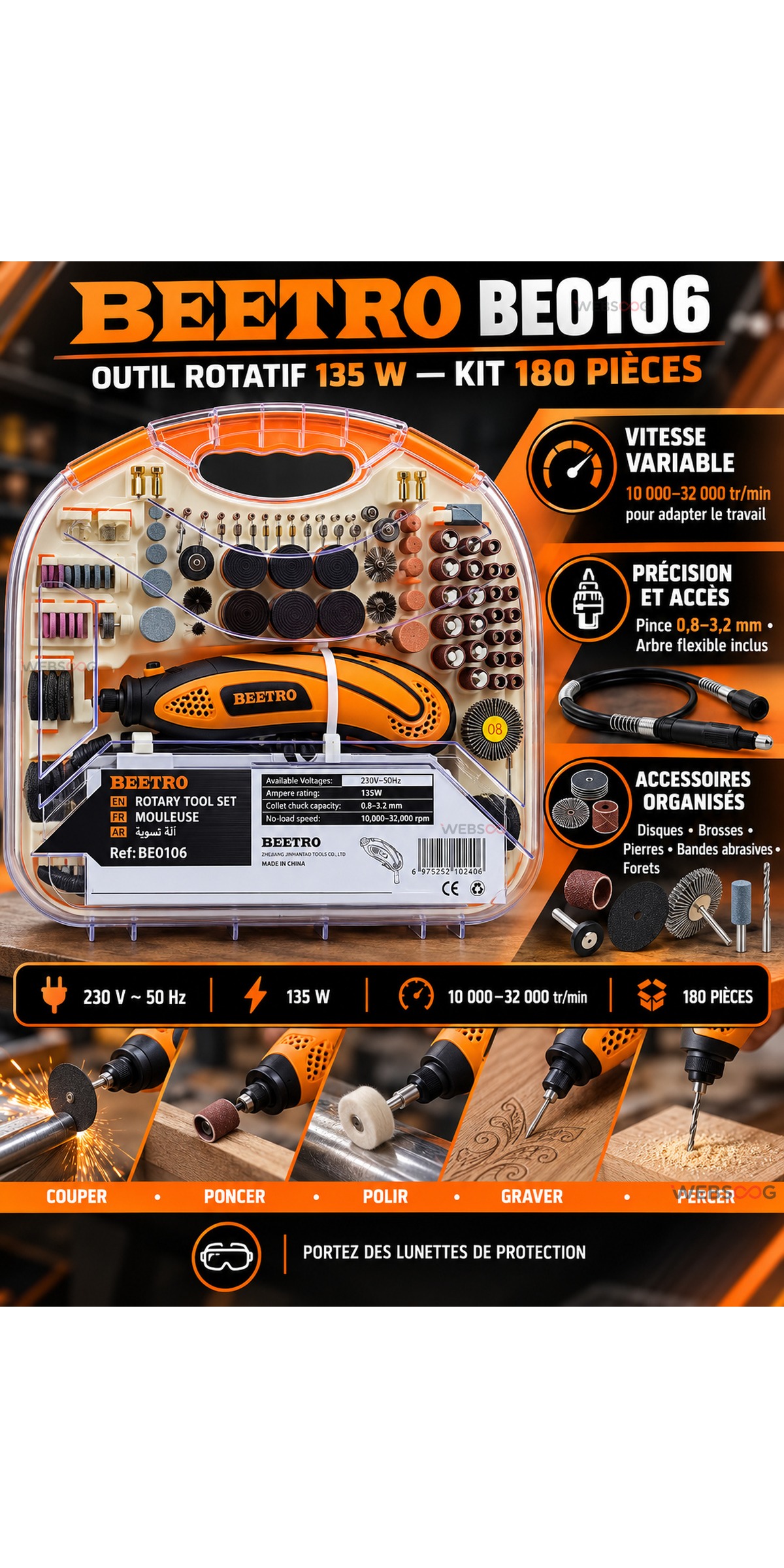 Outil Rotatif BEETRO BE0106 135W Kit 180 Pieces