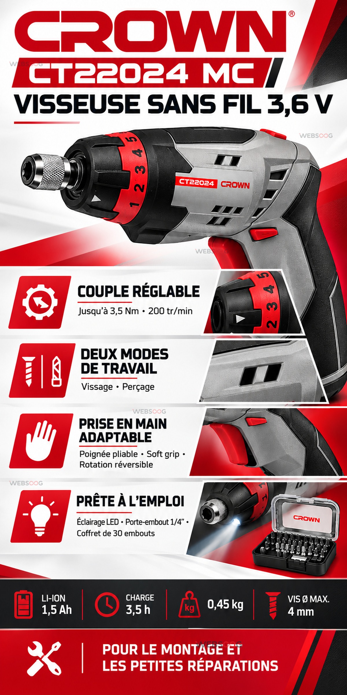 Tournevis Sans Fil CROWN CT22024 MC 3 6V
