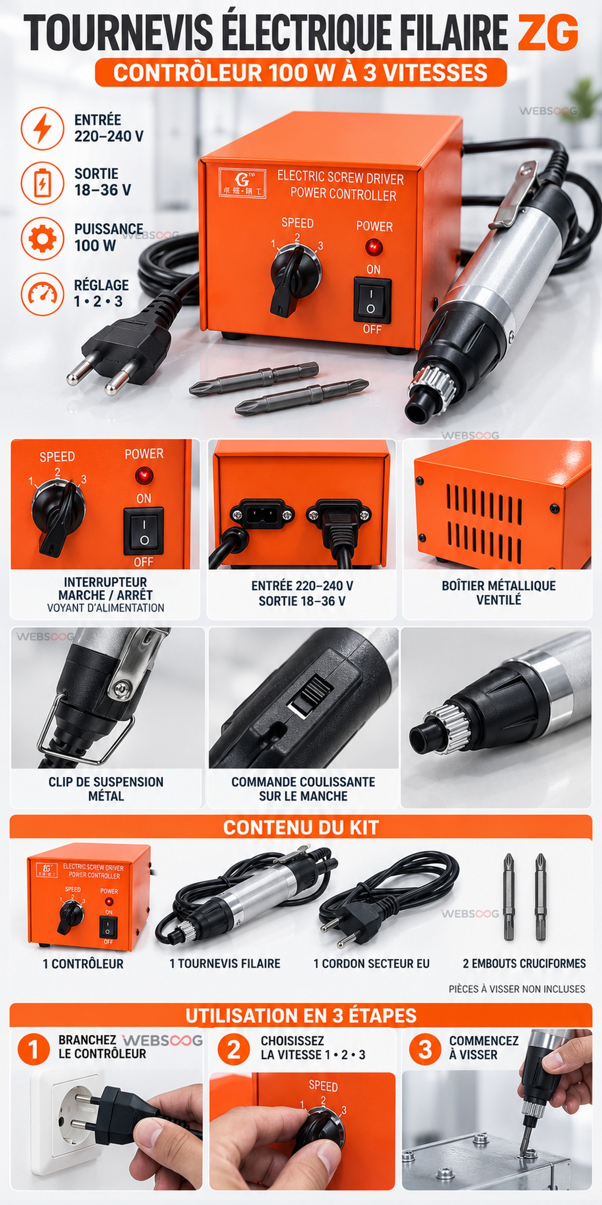Tournevis Electrique Filaire ZG 100W avec Controleur de Vitesse