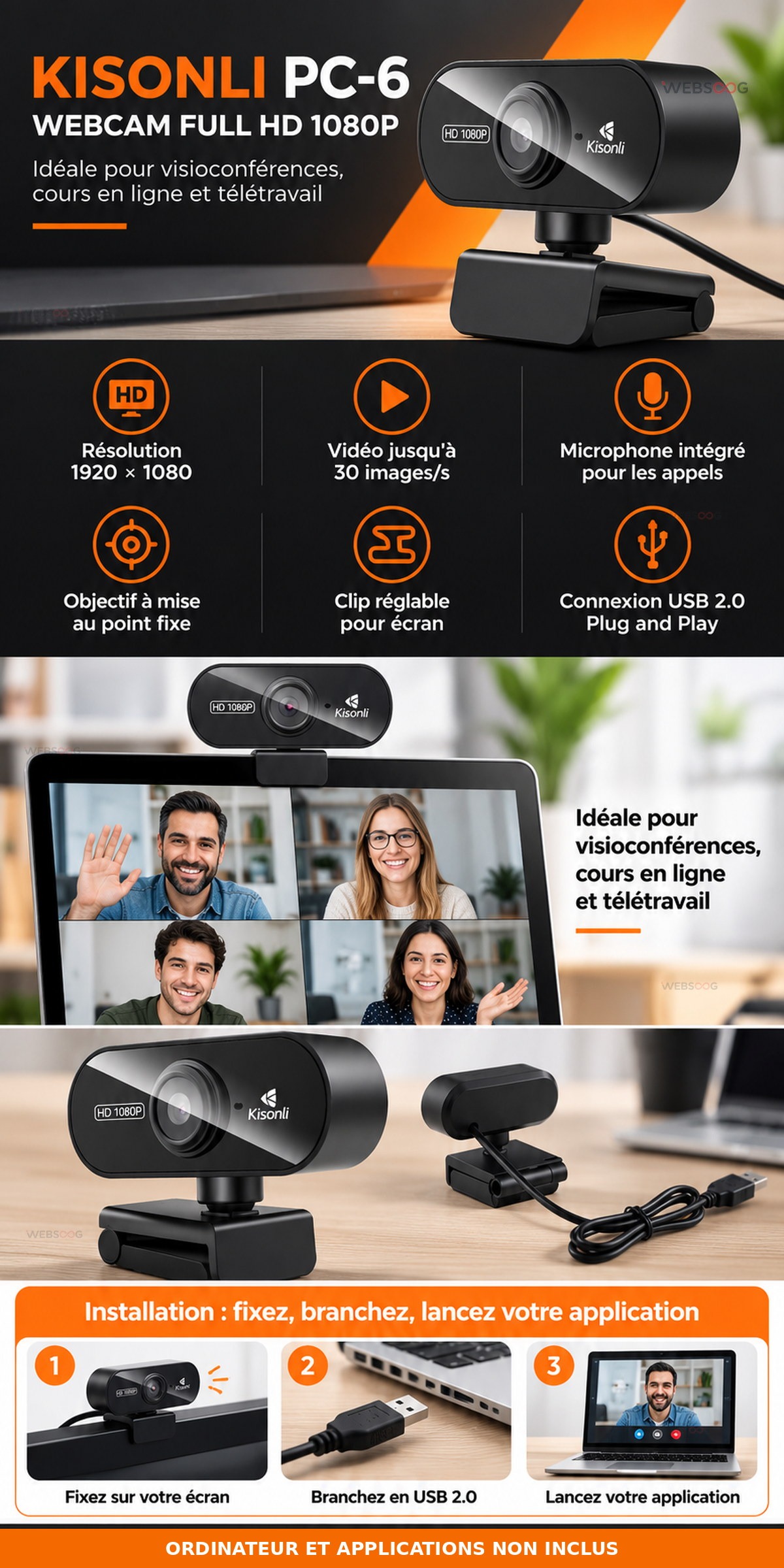 Webcam USB Kisonli PC6 Full HD 1080P