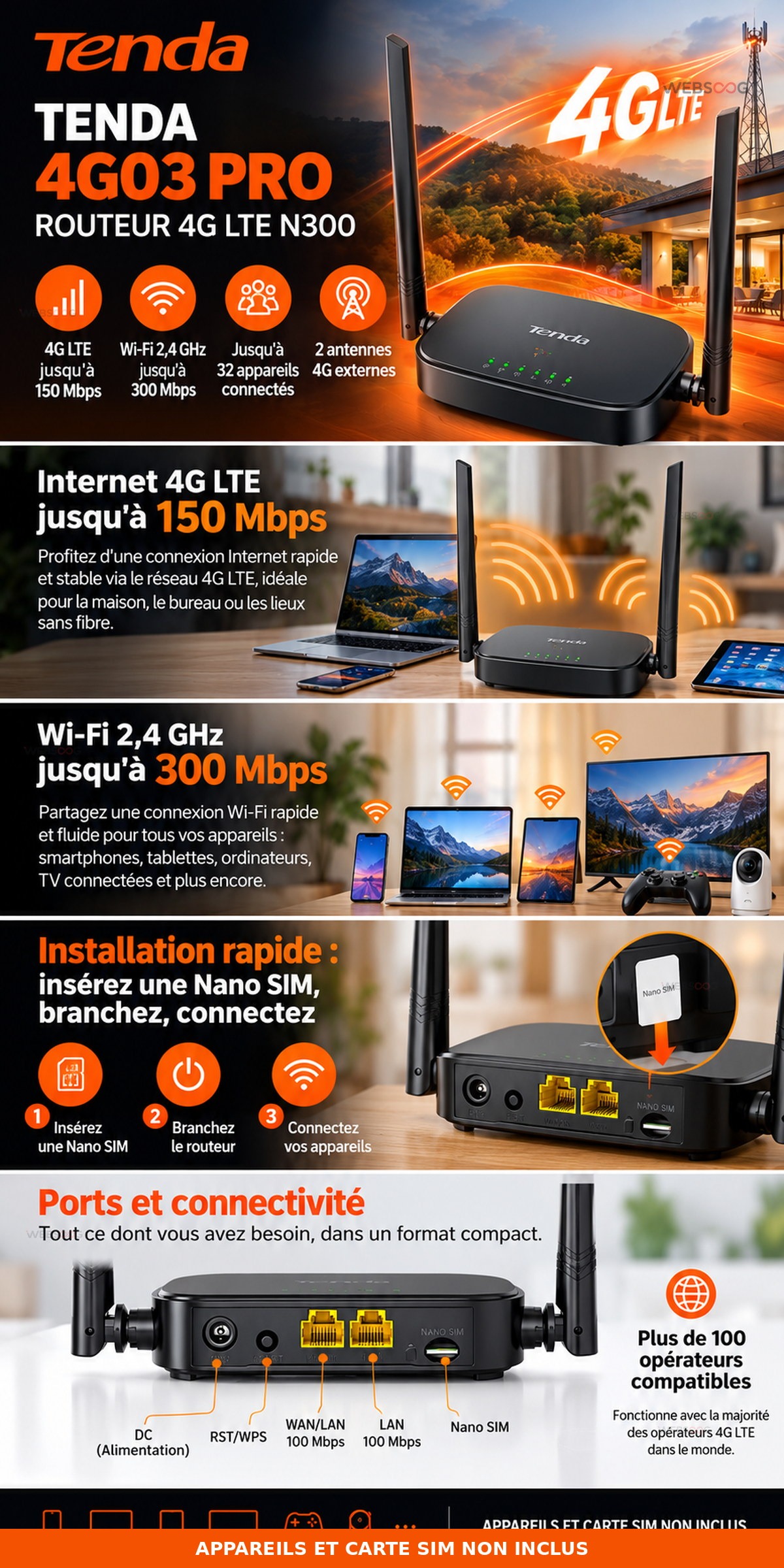 Routeur 4G LTE Tenda 4G03 Pro WiFi N300