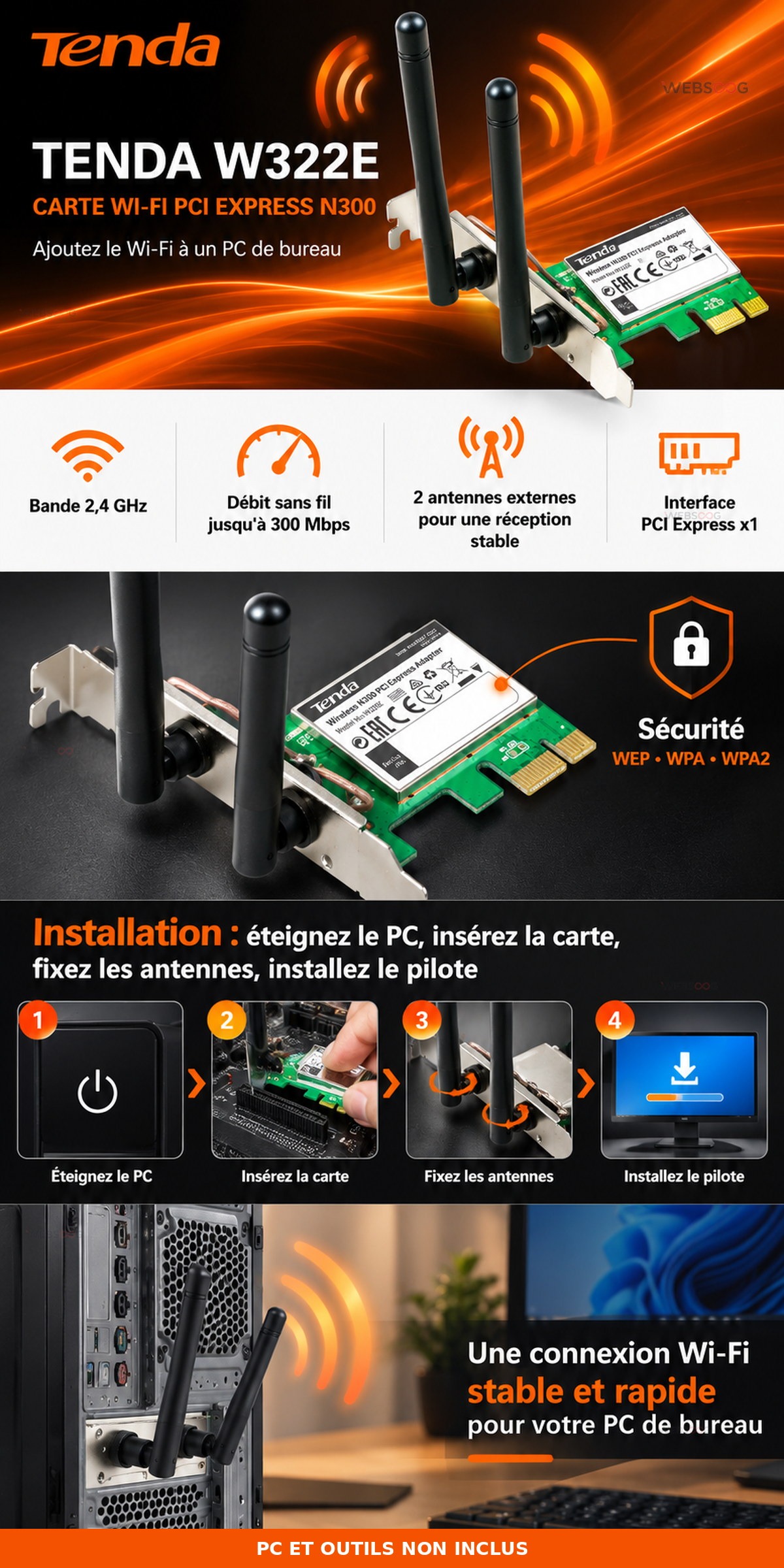 Carte WiFi PCI Express Tenda W322E N300